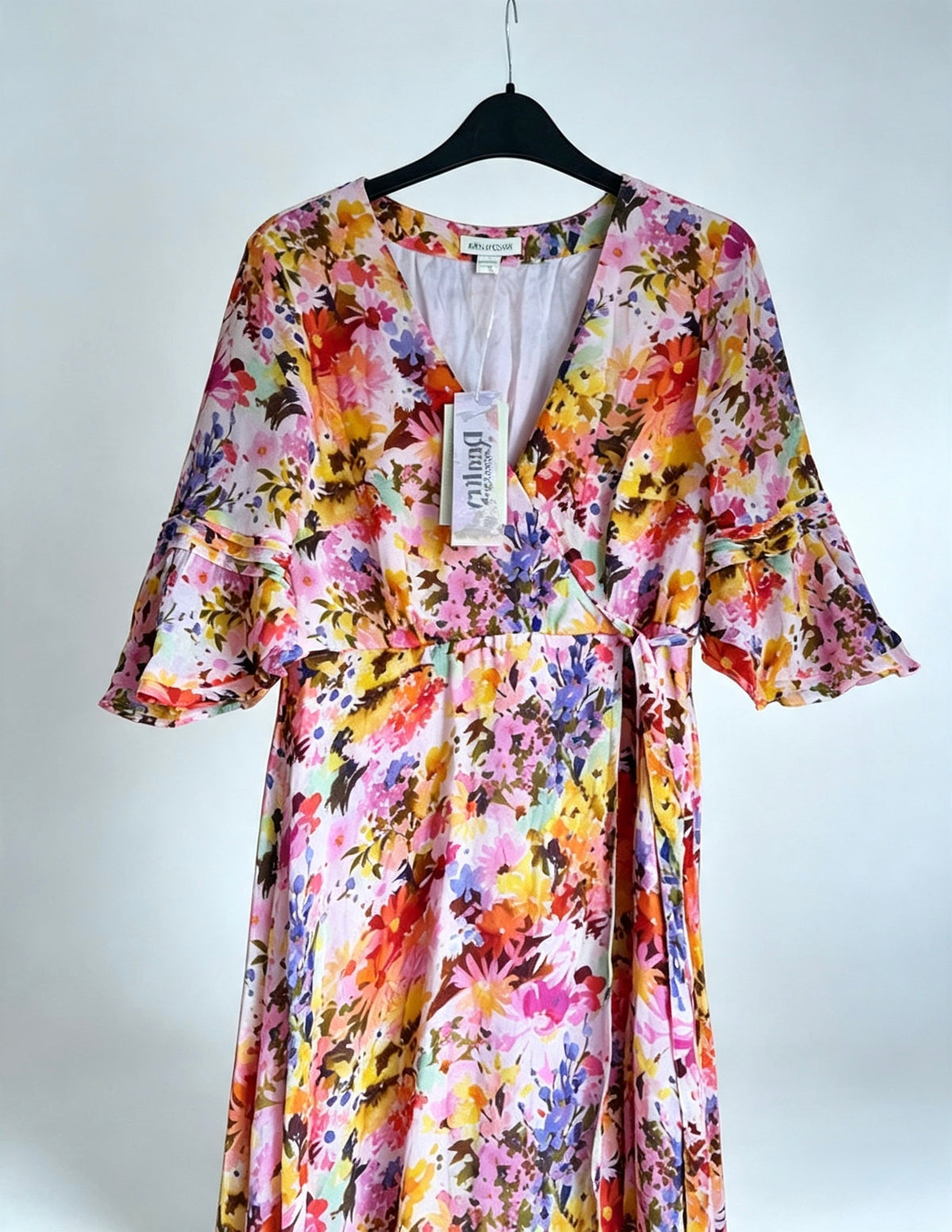 Monsoon Krishana Floral Wrap Midi Dress Size 10 Blush Pink Orange Ruffle Hem New With Tags