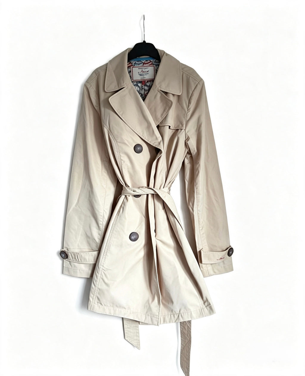 Ness Beige Trench Coat, Size 14, Double Breasted, Umbrella Print Lining, Excellent Condition