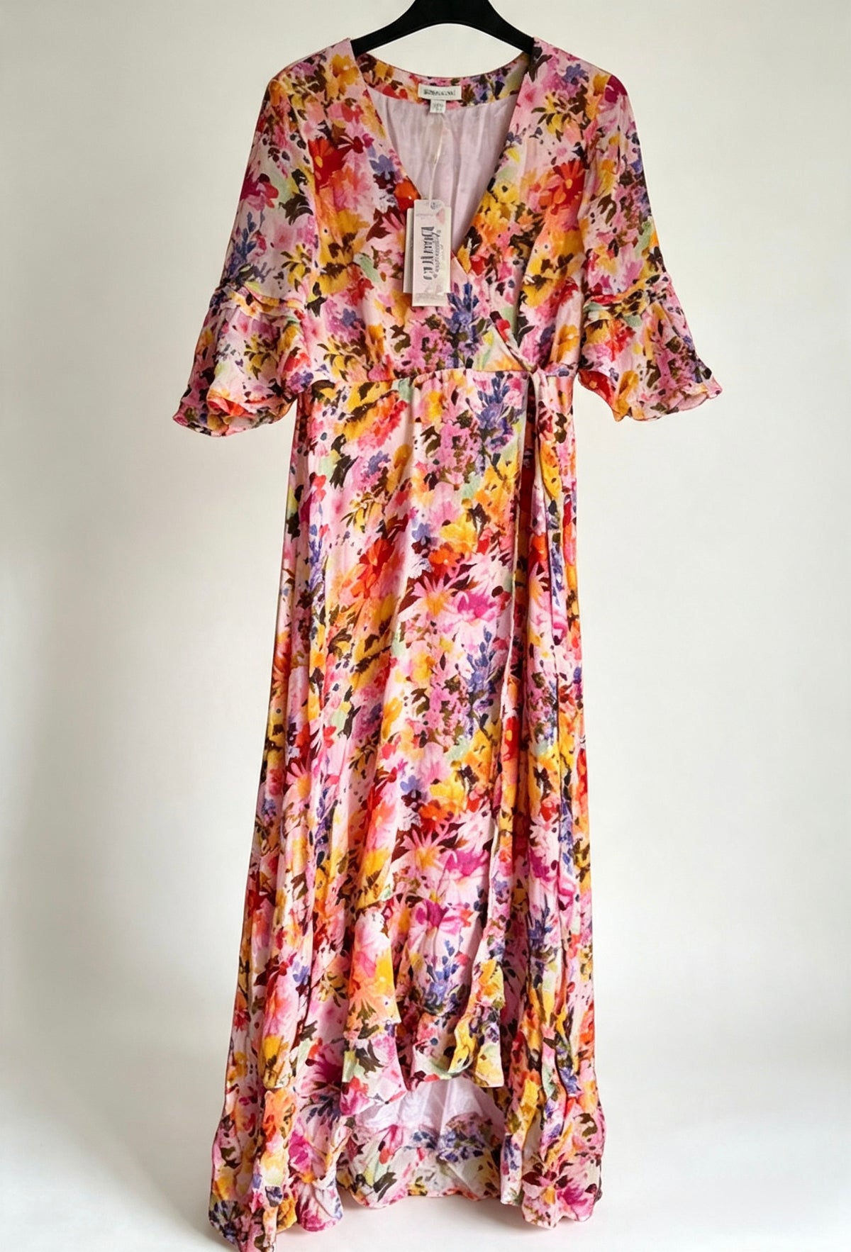 Monsoon Krishana Floral Wrap Midi Dress Size 10 Blush Pink Orange Ruffle Hem New With Tags