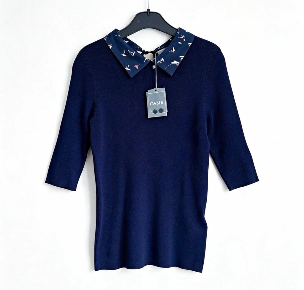 Oasis Navy Bird Print Collared Rib-Knit Jumper 3/4 Sleeve Size S