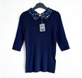 Oasis Navy Bird Print Collared Rib-Knit Jumper 3/4 Sleeve Size S
