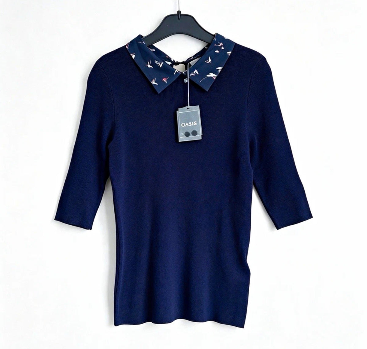 Oasis Navy Bird Print Collared Rib-Knit Jumper 3/4 Sleeve Size S