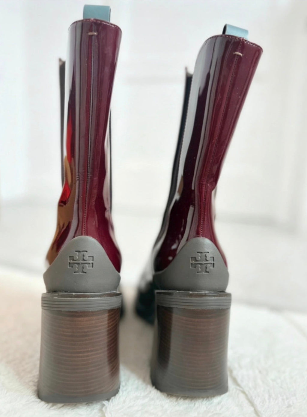 Tory Burch Burgundy Patent Leather Chunky Heel Chelsea Boots US 10M / UK 7.5