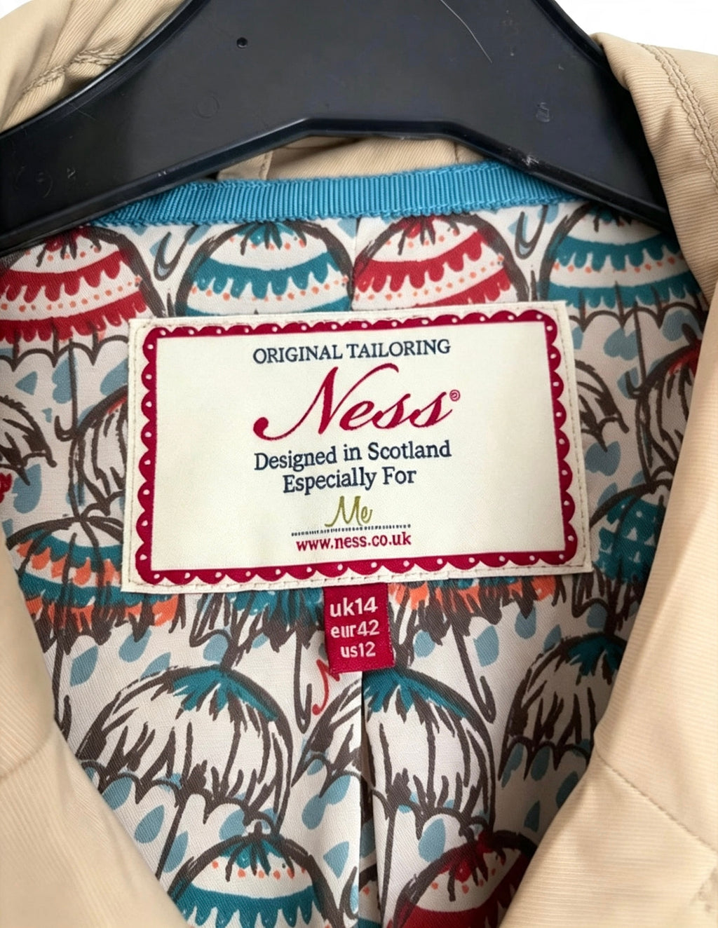 Ness Beige Trench Coat, Size 14, Double Breasted, Umbrella Print Lining, Excellent Condition