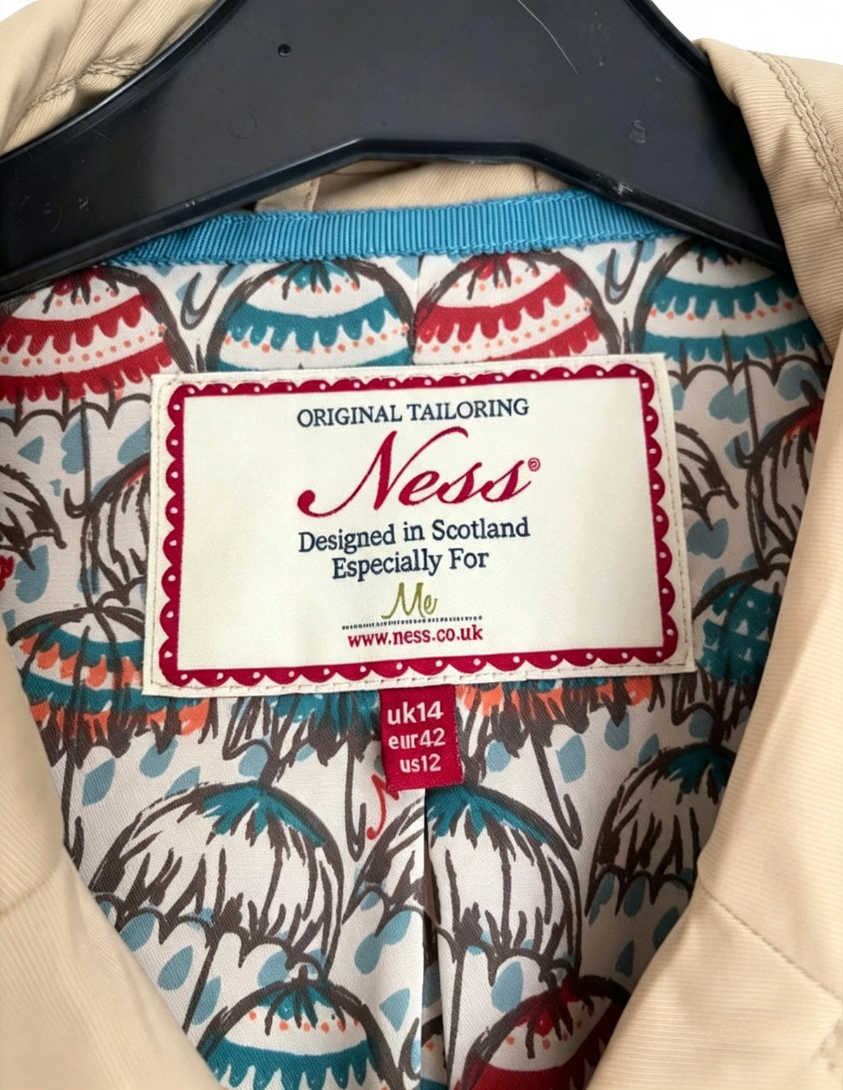 Ness Beige Trench Coat, Size 14, Double Breasted, Umbrella Print Lining, Excellent Condition