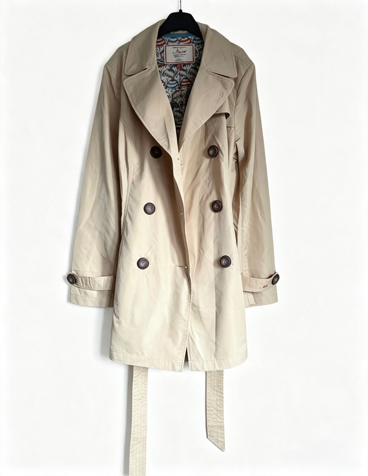 Ness Beige Trench Coat, Size 14, Double Breasted, Umbrella Print Lining, Excellent Condition
