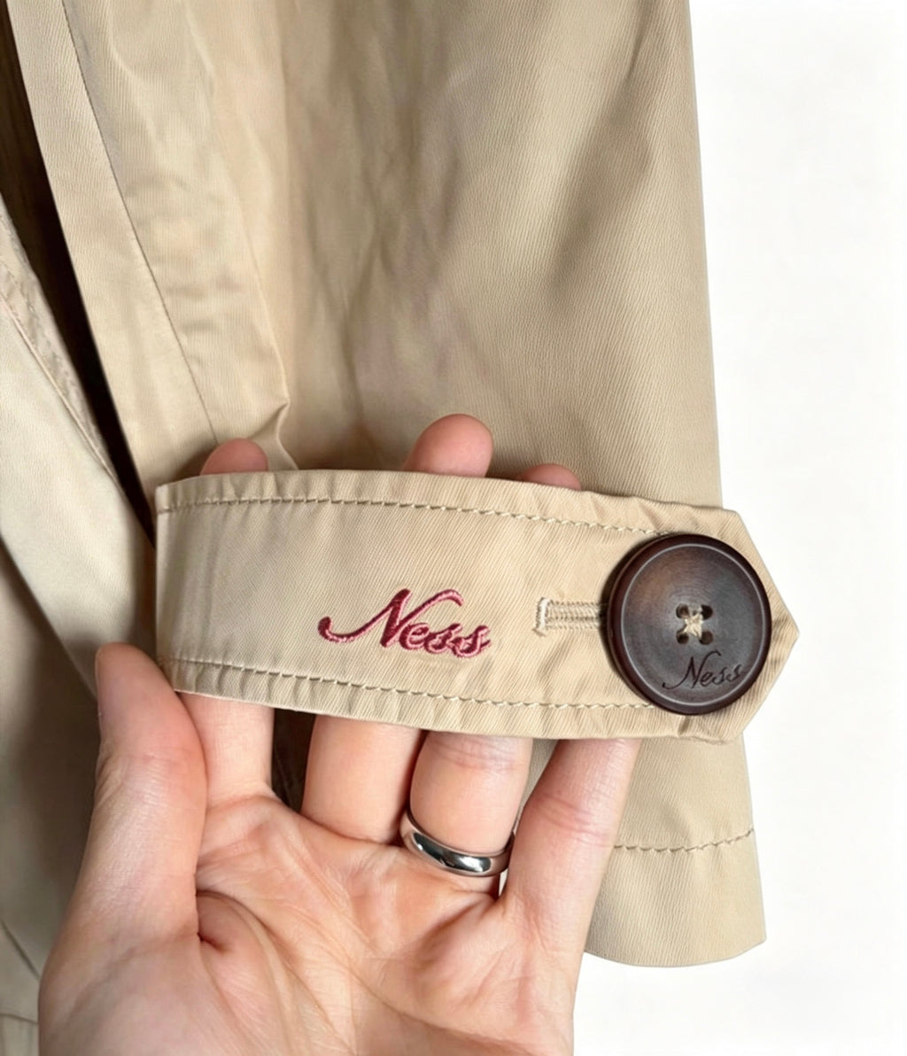 Ness Beige Trench Coat, Size 14, Double Breasted, Umbrella Print Lining, Excellent Condition