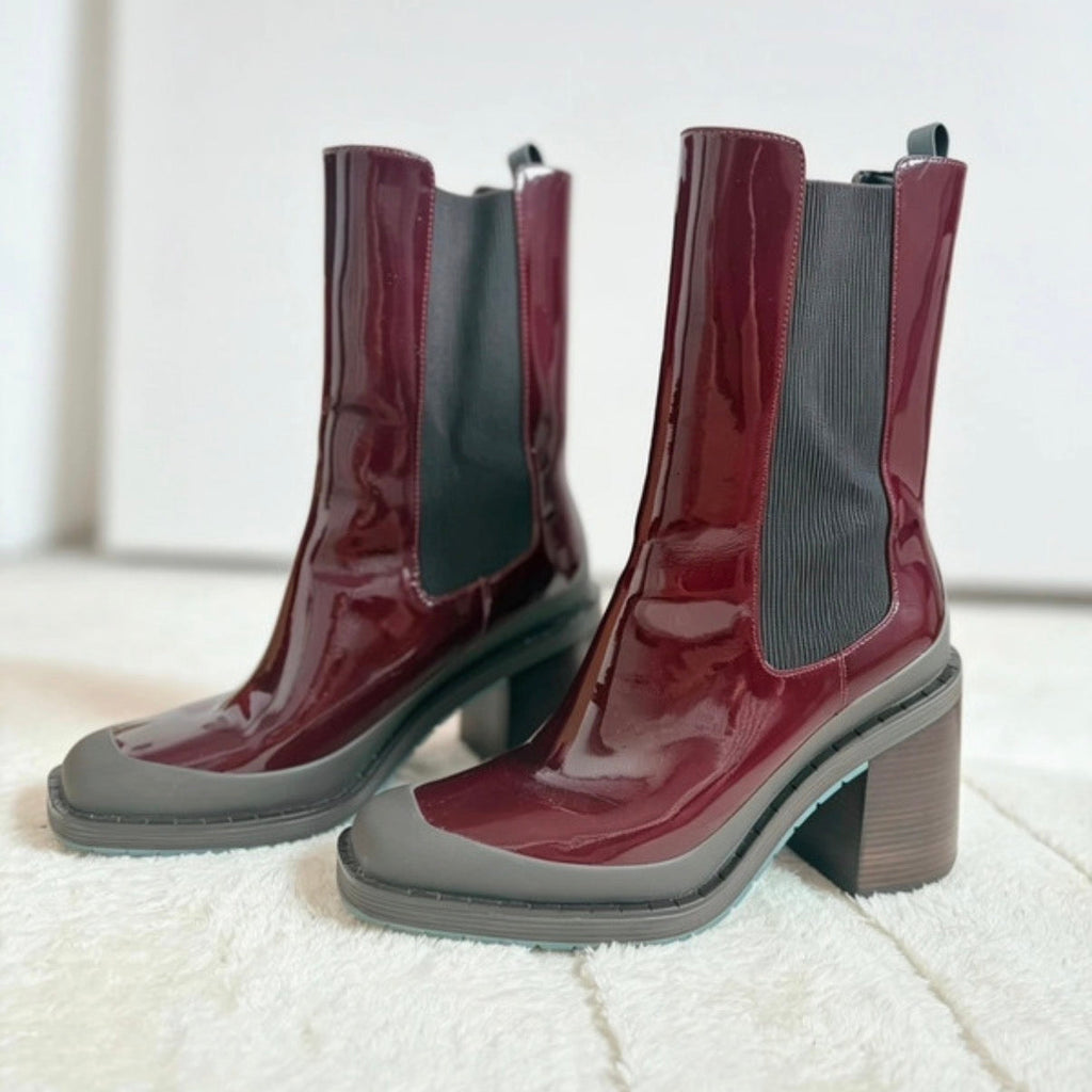 Tory Burch Burgundy Patent Leather Chunky Heel Chelsea Boots US 10M / UK 7.5