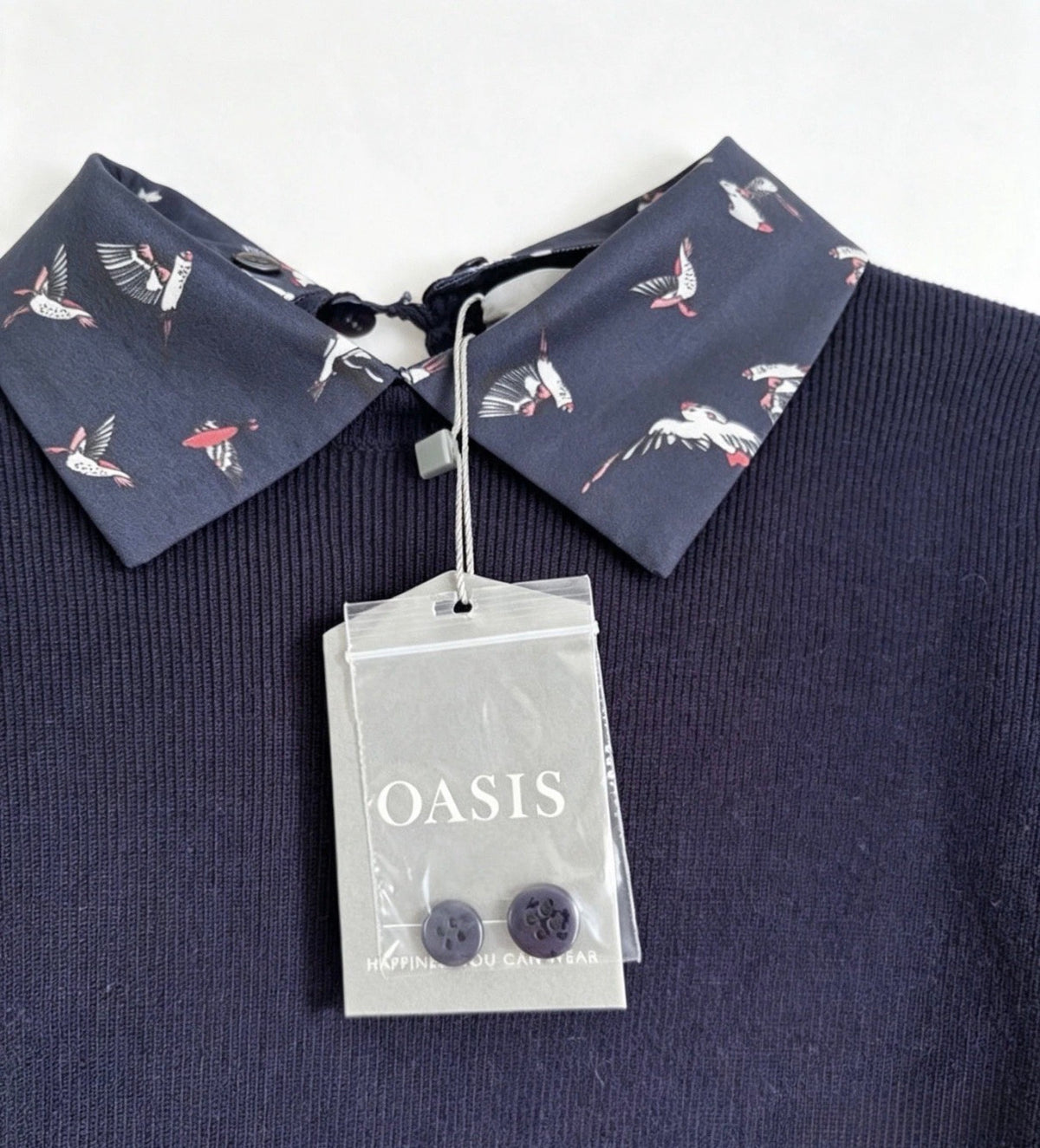 Oasis Navy Bird Print Collared Rib-Knit Jumper 3/4 Sleeve Size S
