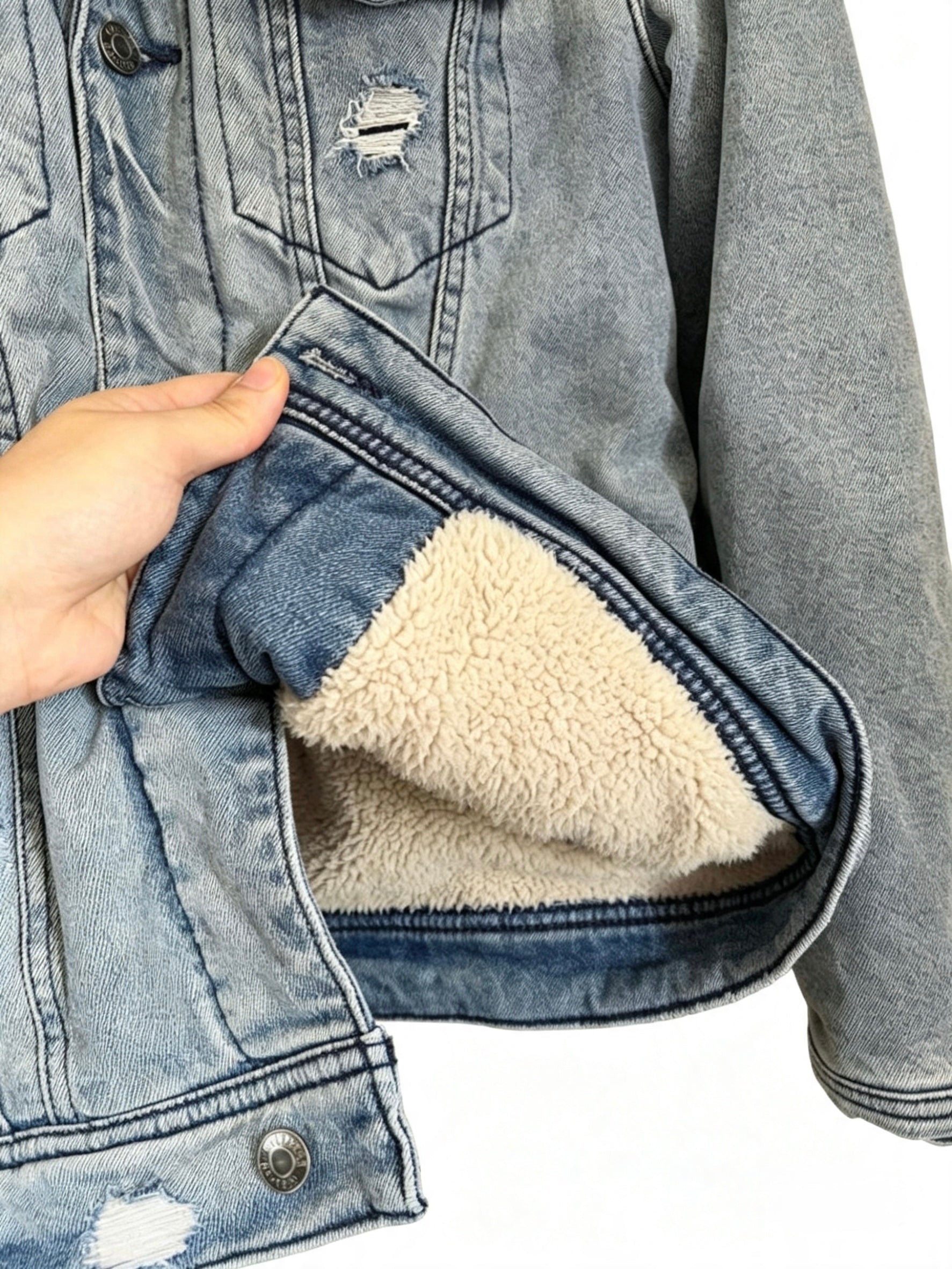 Hollister Light Wash Denim Shearling-Lined Jacket – Size S