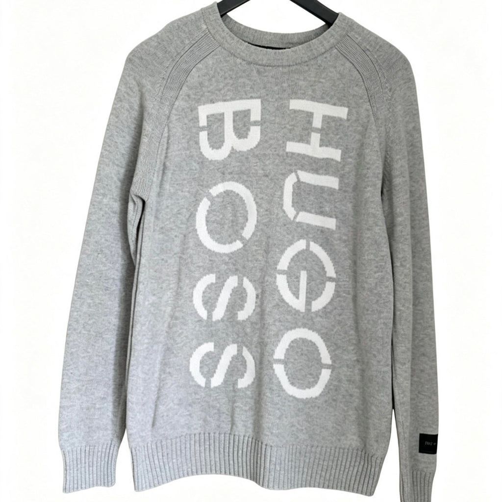 Hugo Boss Grey Knit Jumper with Large Logo – Size 14 / Small Adult