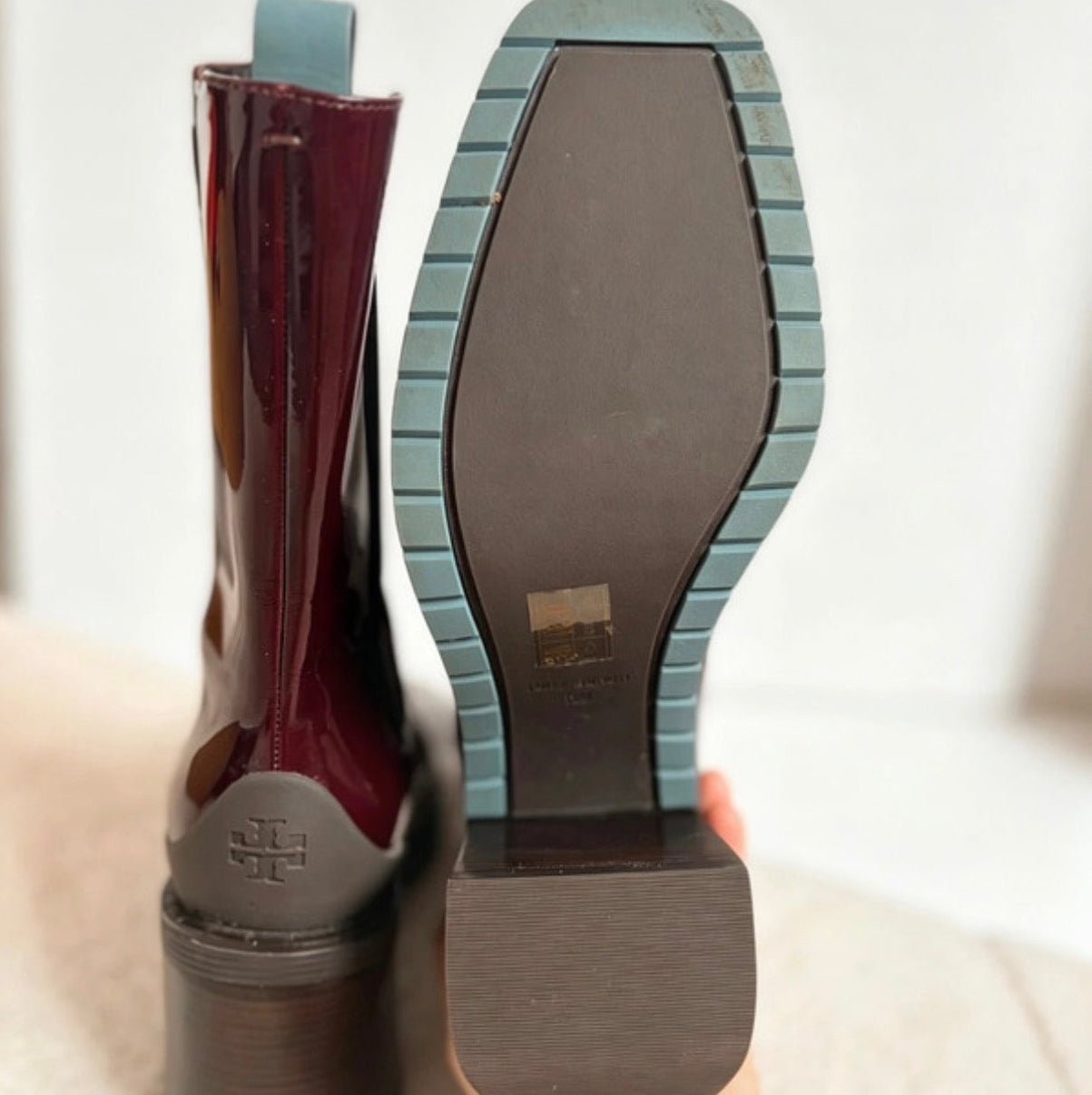 Tory Burch Burgundy Patent Leather Chunky Heel Chelsea Boots US 10M / UK 7.5